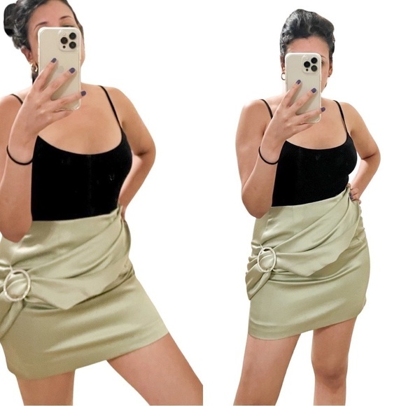 NWT RASARIO Crystal Ring Draped Light Green Satin Mini Skirt Sz 38 - Picture 1 of 8